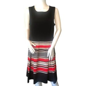 CALVIN‎ KLEIN 14-16 Knee Length Black Stripe Dress A-Line Pleated Quiet Luxury